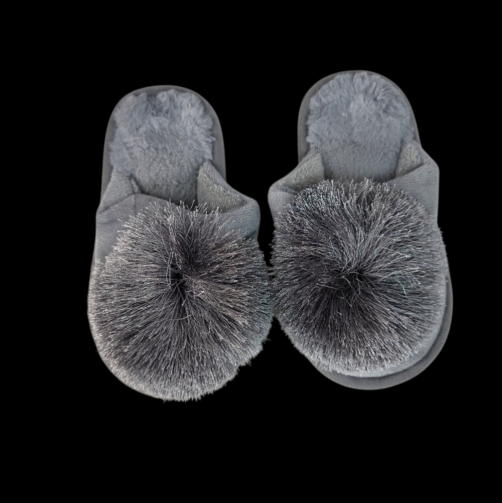 Gray Fuzzy Pom-Pom Slippers